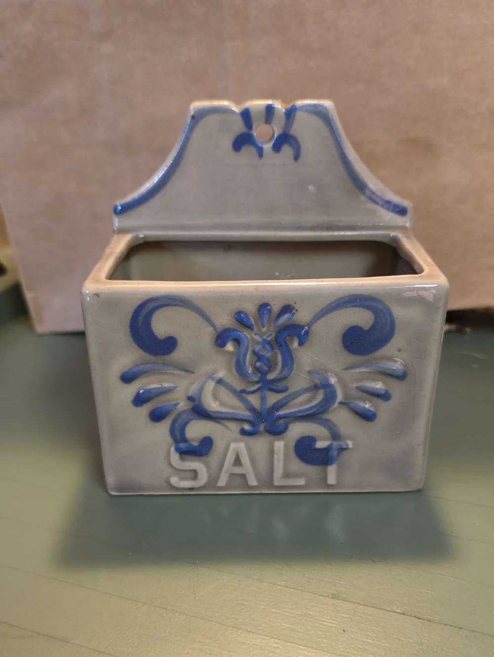 VINTAGE Ceramic Gray And Blue Salt Box - Wall Mount